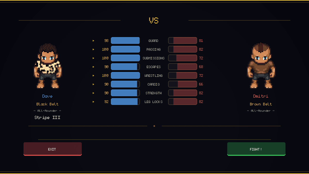 Combat VS screen showing stat comparison between two fighters