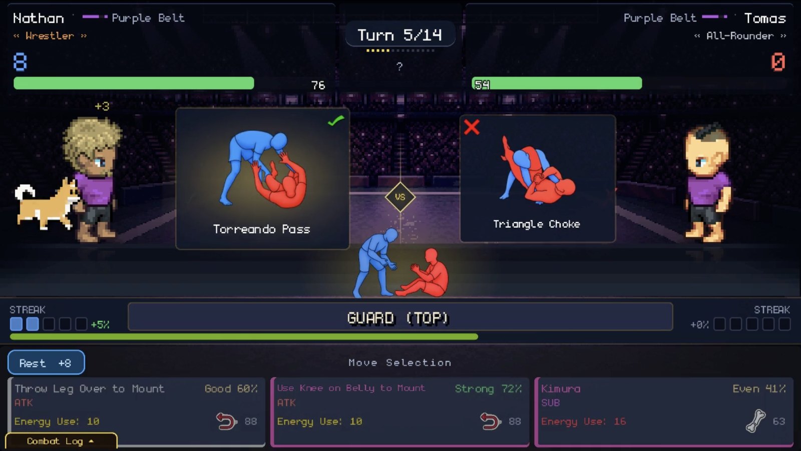Combat screen in the guard top position, showing two move cards and three move options with their success odds